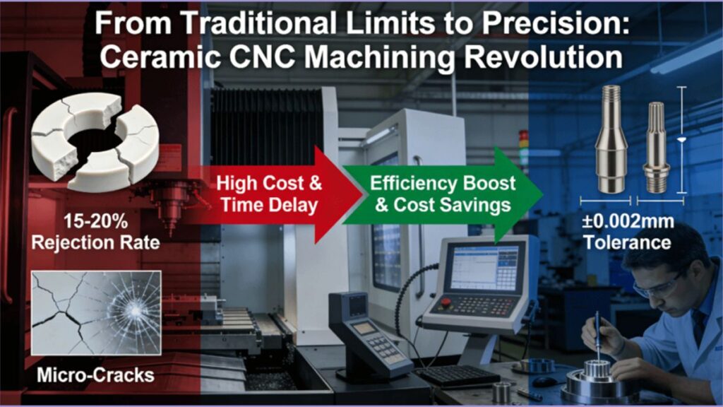 Comparative diagram showing traditional ceramic manufacturing problems (high rejection rates, micro-cracks) versus ceramic CNC machining benefits (micron-level precision, reduced defects) in an industrial setting