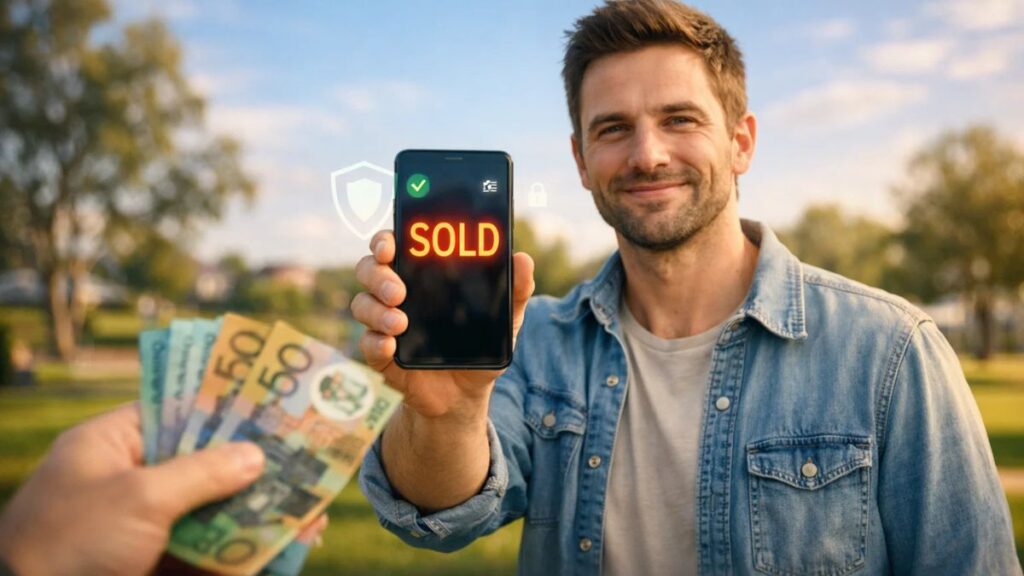 Man selling smartphone online safely and receiving cash in Australia with secure transaction concept